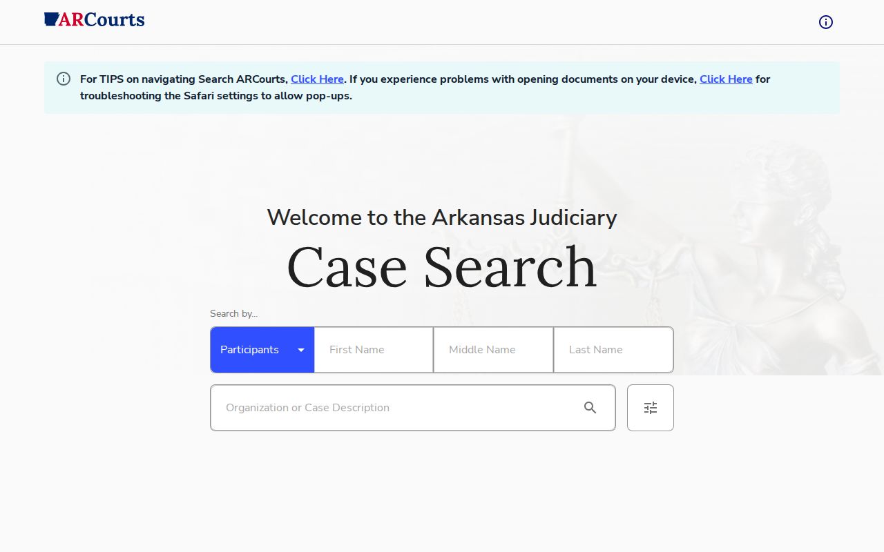 Search ARCourts for Arkansas County arrest record dispositions