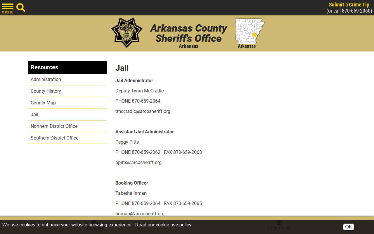 Arkansas County Detention Center booking record contacts