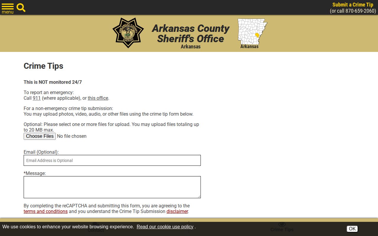 Arkansas County Sheriff wanted tip form and monitoring warning