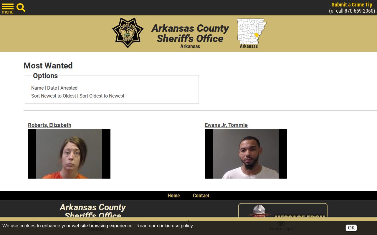 Arkansas County most wanted list interface and warrant notices